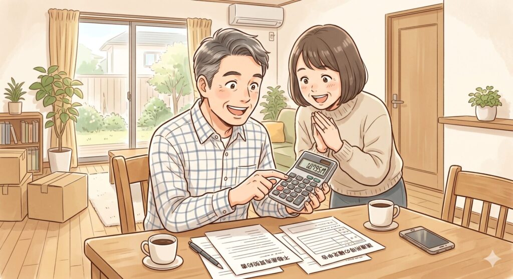 買換え特例を適用し、損益通算や繰り越し控除を行うと、今後納めることになる税額が減少することを知り、喜ぶ売主さんご夫婦