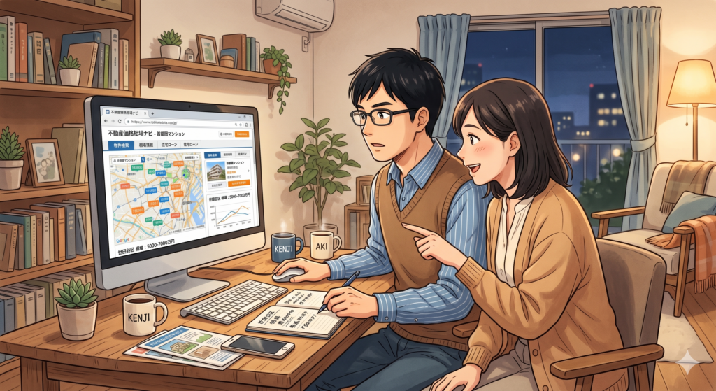 不動産価格の相場データを調べるお客さんご夫婦
