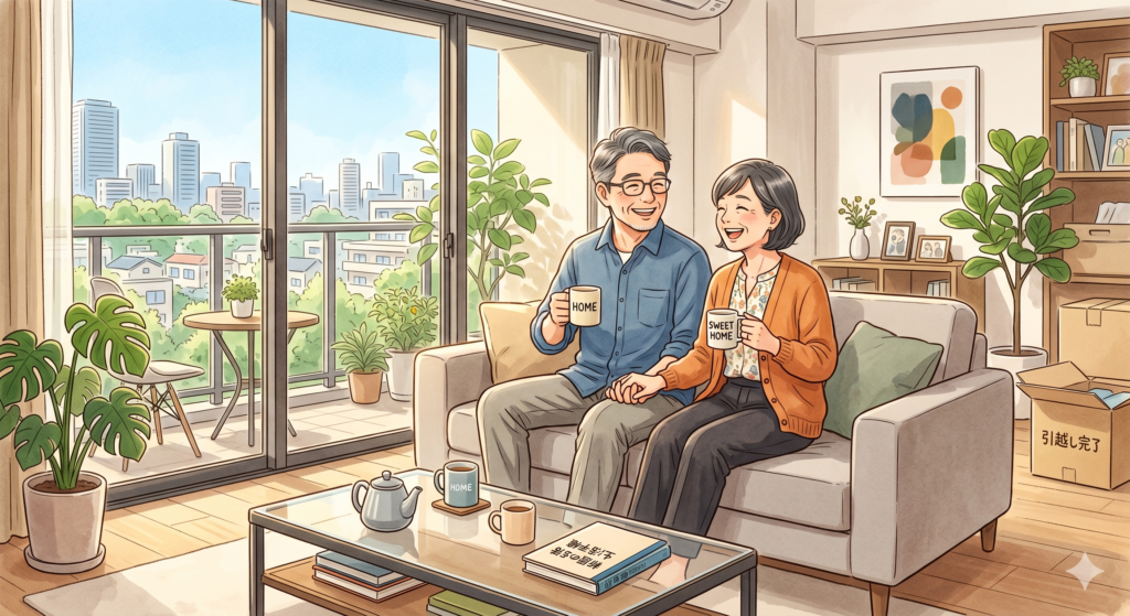 自宅の買い替えに成功し、住み替え先のマンションのリビングで談笑している50代のご夫婦