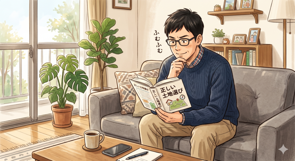正しい知識を身につけるべく「正しい土地選び」という本を熱心に読んでいる30代の男性