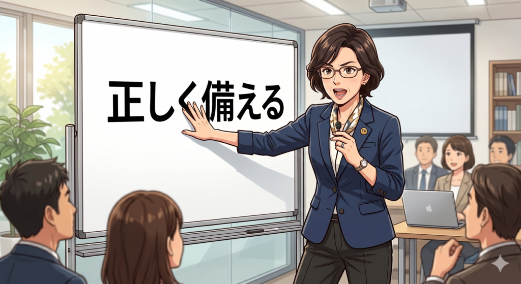 ハザードマップはリスクをゼロにするためのものではなく、リスクに正しく備えるためのものであることを力強く主張する40代の女性 FP