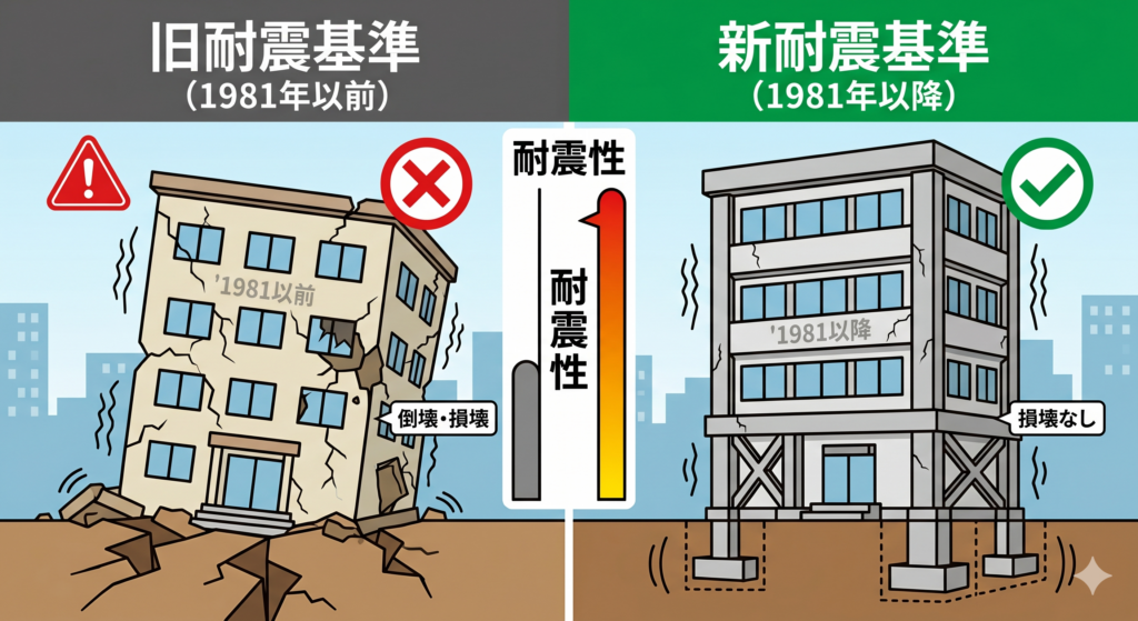 旧耐震基準の建物と新耐震基準の建物の地震に対する強さの違いを表現するイラスト