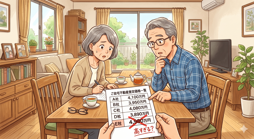 複数の不動産屋に自宅の査定依頼をした結果について検討しているご家族。一社だけ明らかに価格が高すぎるE社については除外することに決めた模様。