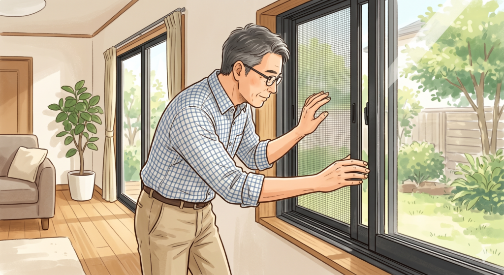付帯設備表を正しく記入するために建具の状態をチェックする売主さん