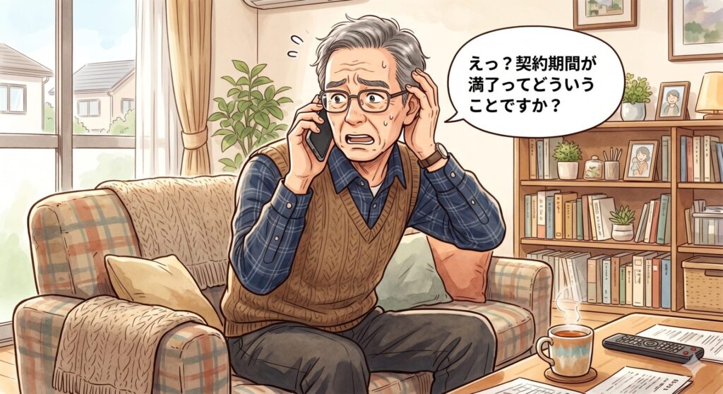 リースバック業者との間の契約が定期借家契約であったため、契約期間が満了し、自宅からの退去を余儀なくされている男性