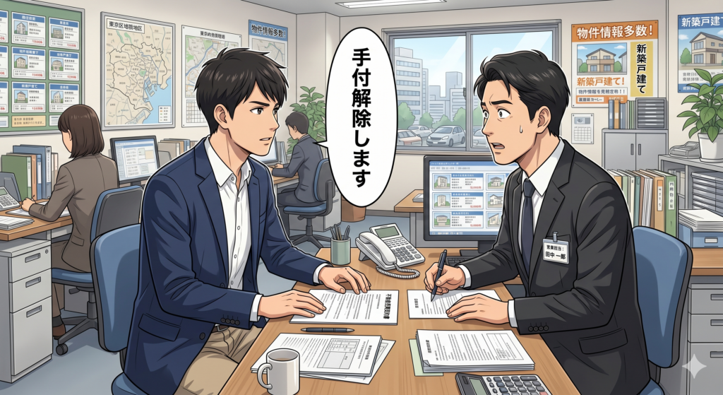 不動産屋の事務所で営業マンに「手付解除します」と告げる買主