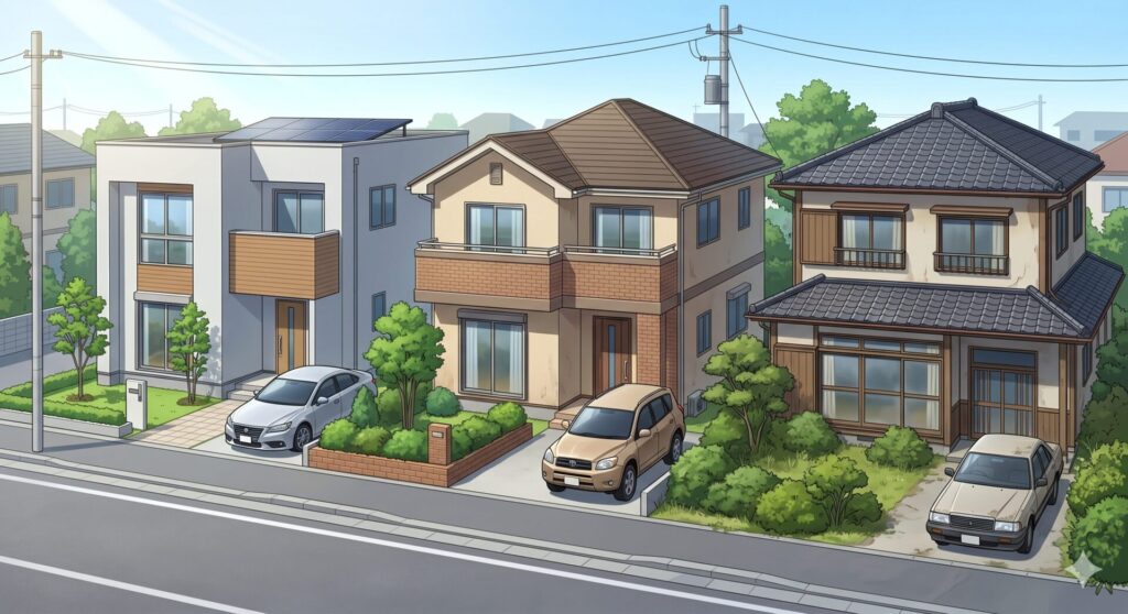 築5年の戸建て、築15年の戸建て、築30年の戸建てが並んでいる