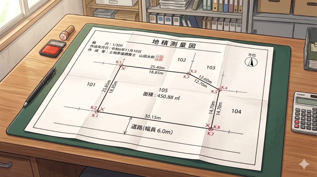 机の上に置かれた地積測量図
