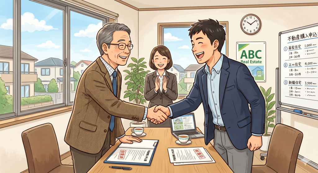 価格交渉がうまくいった結果、売主買主ともに満足のいく取引ができ、喜びを分かち合っている図。固く握手している。それを見守る営業マンも嬉しそう。