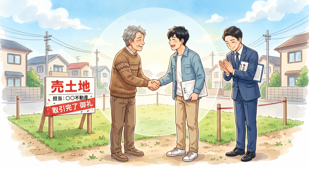 土地の売買取引を無事終えて固く握手する売主と買主