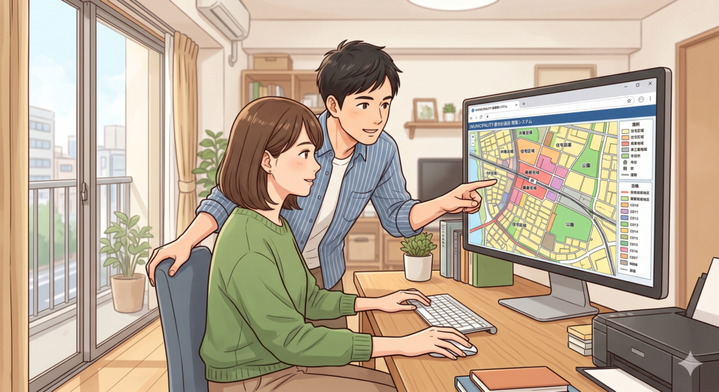 インターネットで自治体が公開する都市計画図をチェックしているご夫婦