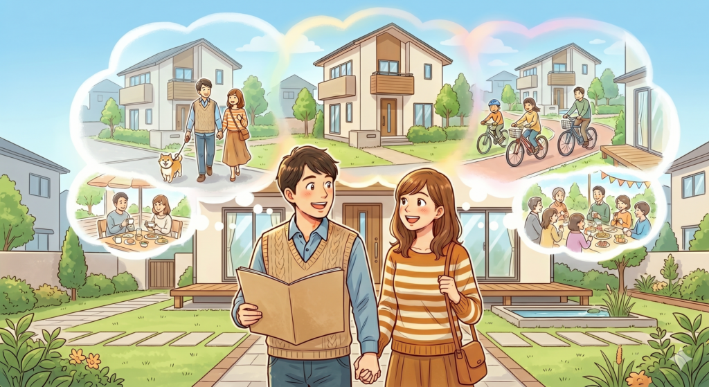 内覧でその街での生活をシミュレーションしている購入希望者のご夫婦