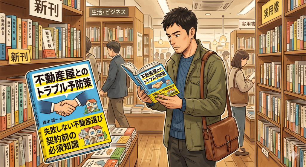 不動産屋とのトラブル予防策という本を本屋で熱心に立ち読みする30代の男性