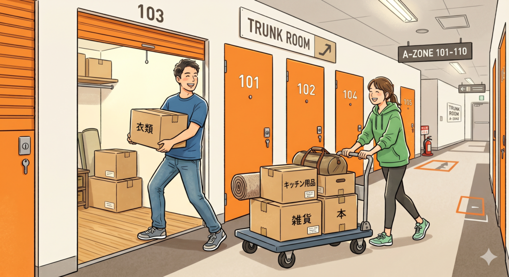 不動産売却に際して家の中を少しでもすっきりと見せるために不用品を事前にトランクルームに預け入れる売主さんご夫婦