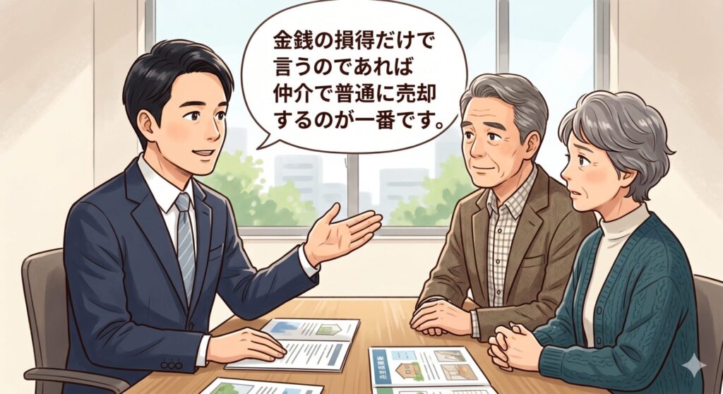 金銭の損得だけで言うのであれば仲介で普通に売却するのが一番得になることを相談者に伝える不動産コンサルタント