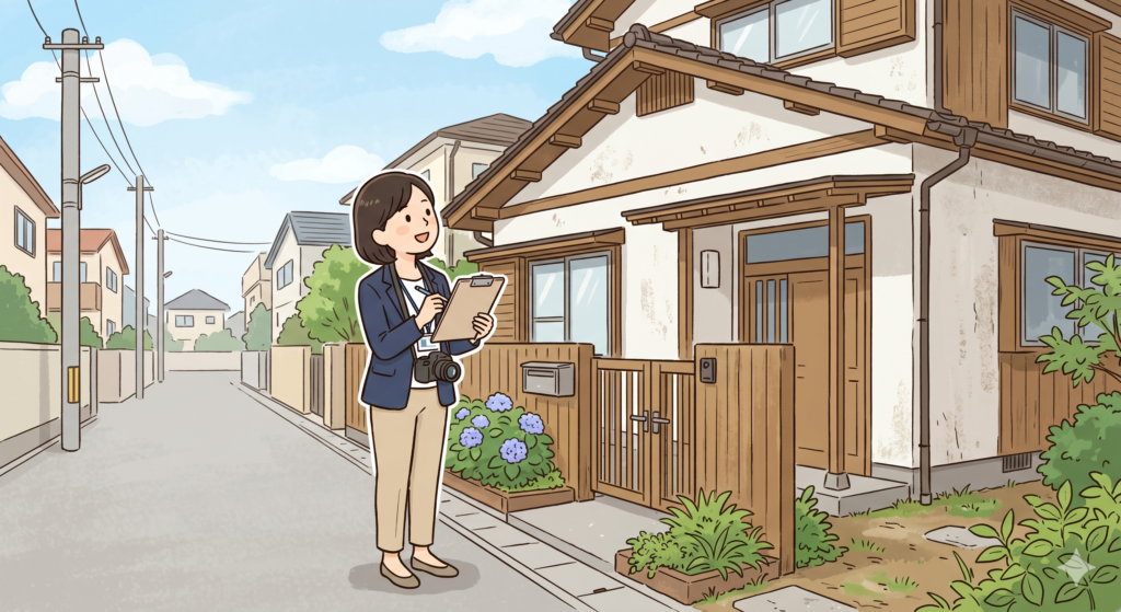 中古戸建ての査定を行う不動産屋の女性営業マン