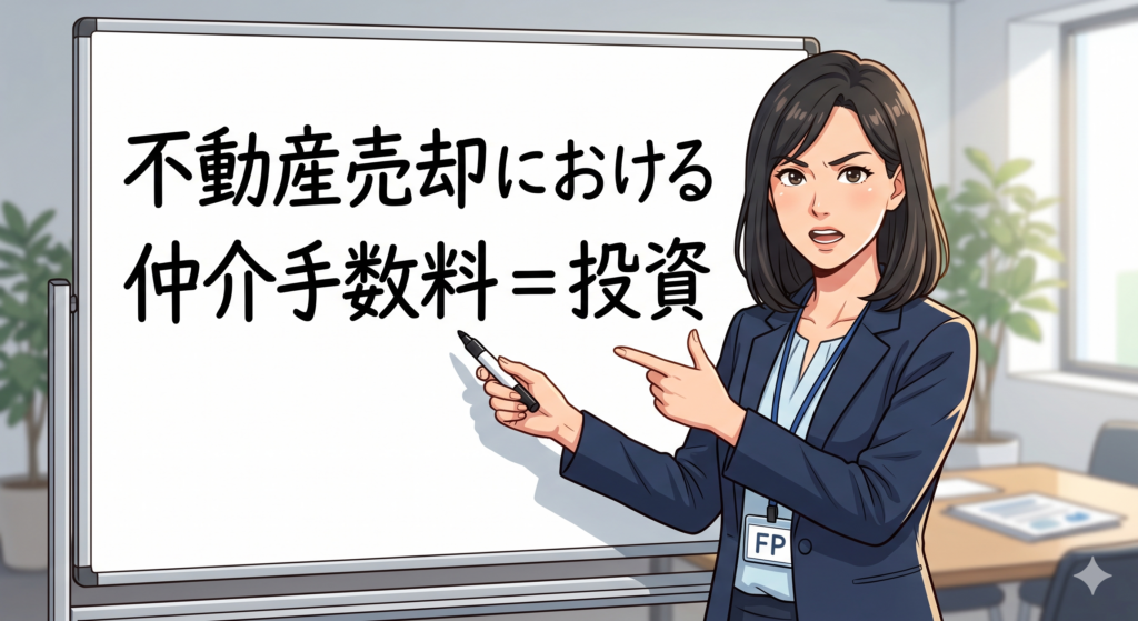 不動産売却における仲介手数料は最終的に手元に残る金銭の額を最大化するための投資だと考えてくださいと真剣な表情で訴える女性FP