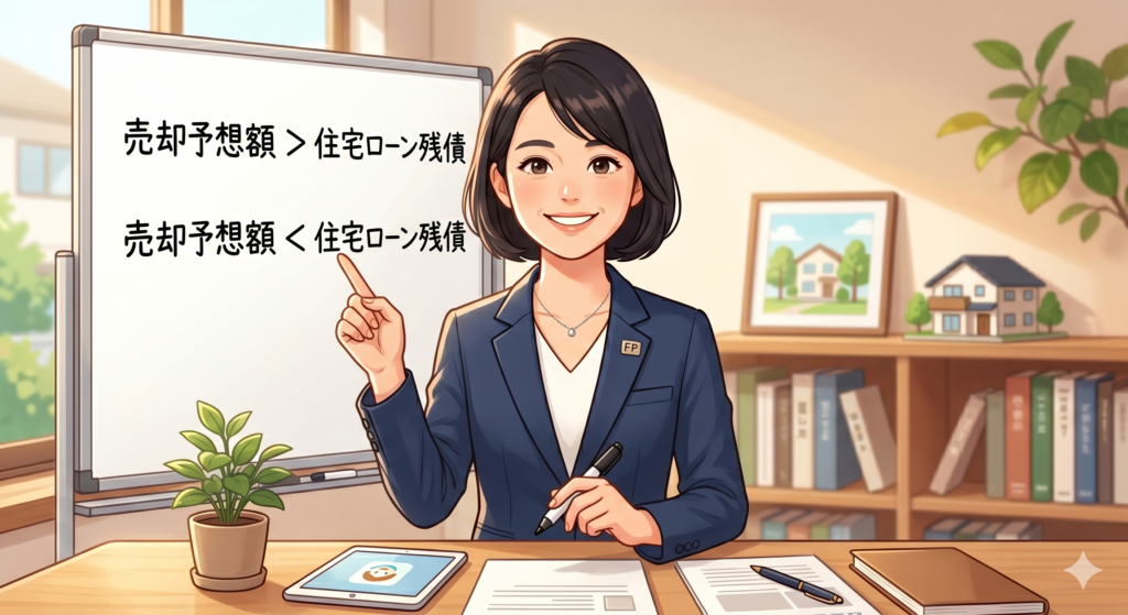住宅ローンが残っている家の売却についてアンダーローンの場合とオーバーローンの場合に分けて説明しようとしている女性 FP
