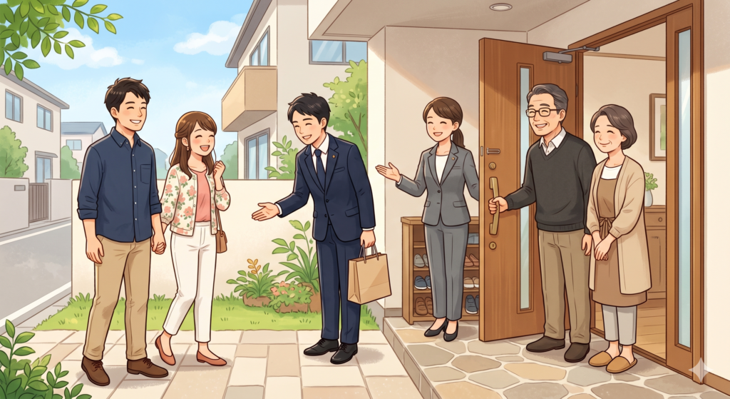 内覧に来た買主候補を迎え入れる不動産の売主