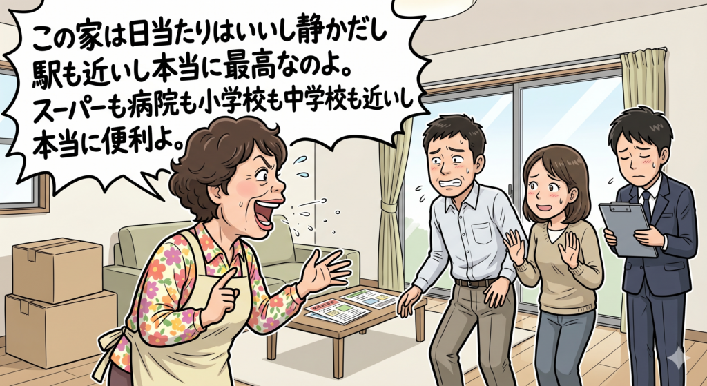 内覧に訪れた買主候補に猛烈に売り込みをかける不動産の売主さん。お客さんは完全に引いているし、営業マンも困った顔をしている。