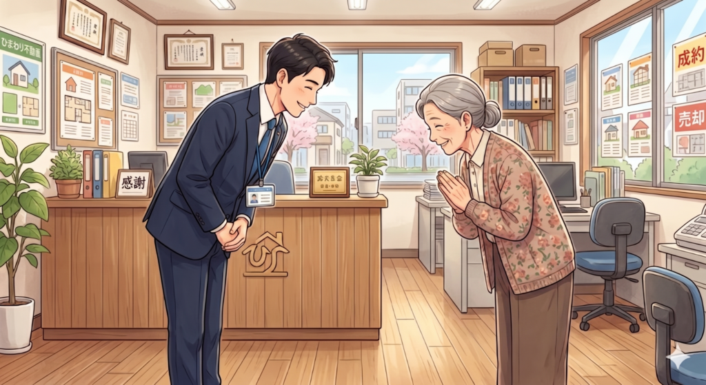 不動産の売却が満足のいく結果になったことについて丁寧にお礼を言う売主さんと、ご依頼いただいたことについて、あらためてお礼を言う不動産屋の営業マン