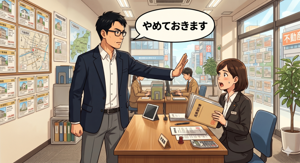 重要事項説明の段階になって、購入しようとしているマンションの修繕積立金のプール額が不足していることが判明したので「やめておきます」と言って売買契約の締結を拒否している男性のお客さん