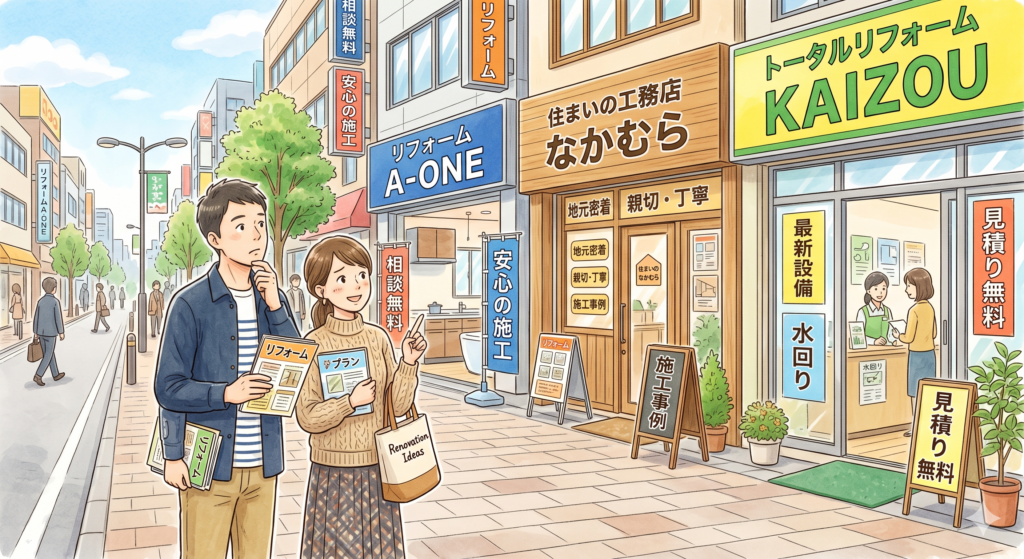 複数のリフォーム店が立ち並ぶお店の前でどこのリフォーム業者が良さそうか考えている30代のご夫婦