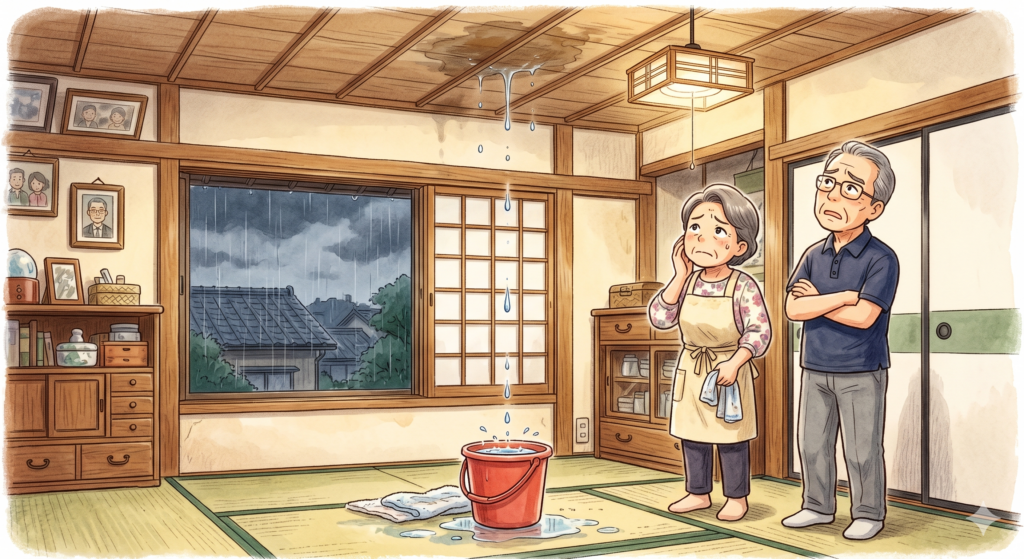 2階の天井から雨漏りしているのを見ながら困ったなあという表情を浮かべている売主さんご夫婦