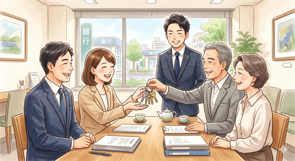 不動産売却取引が完了し、買主さんに家の鍵を引き渡す売主さん。良い取引ができて関係者全員が嬉しそう。