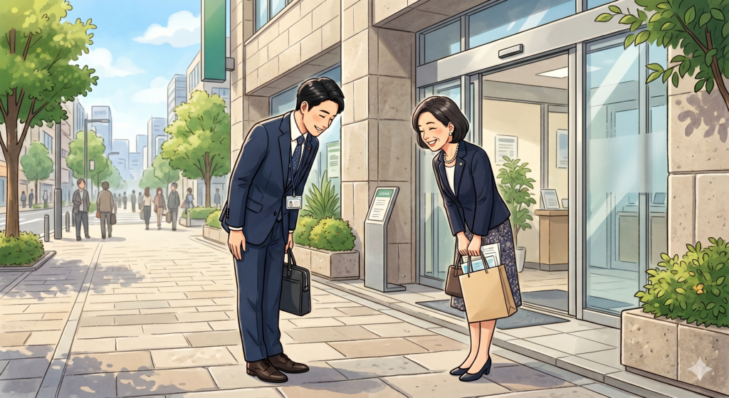 不動産売却取引が無事終わり、感謝を伝える売主さんと不動産屋の営業マン