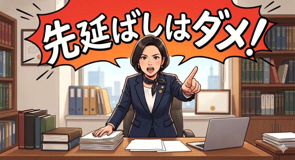 離婚時、不動産の処分について先延ばしをしてはダメと強く主張する女性弁護士