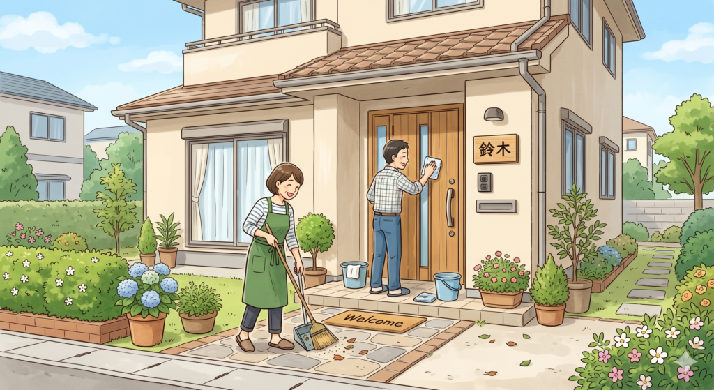 内覧受け入れのための準備として玄関周りの掃除をしている売主さんご夫婦
