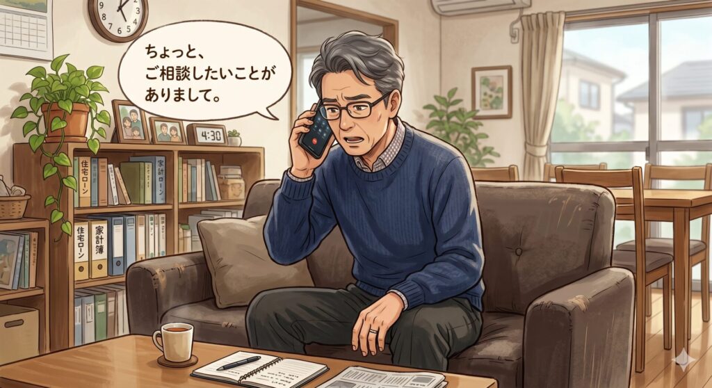 銀行に住宅ローン債務の返済が厳しくなっていることを相談しようとしている男性