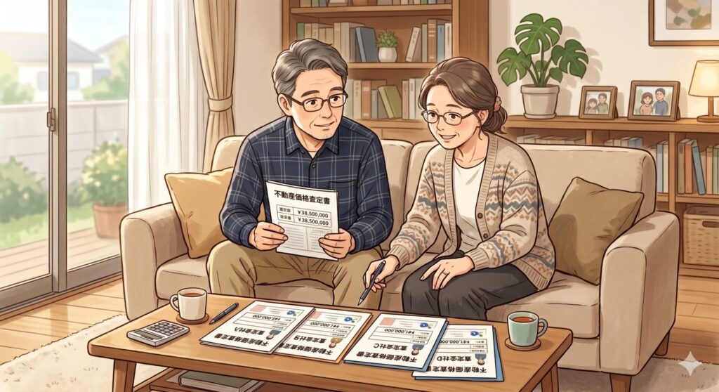 複数の不動産価格査定書の内容を比較検討する売主さんご夫婦