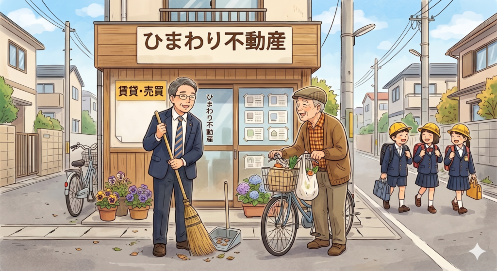 店の前の掃き掃除をしている地場の小さな不動産屋の社長。近所のご老人と世間話をしている。小学生の下校時間に合わせて掃き掃除をしている模様。