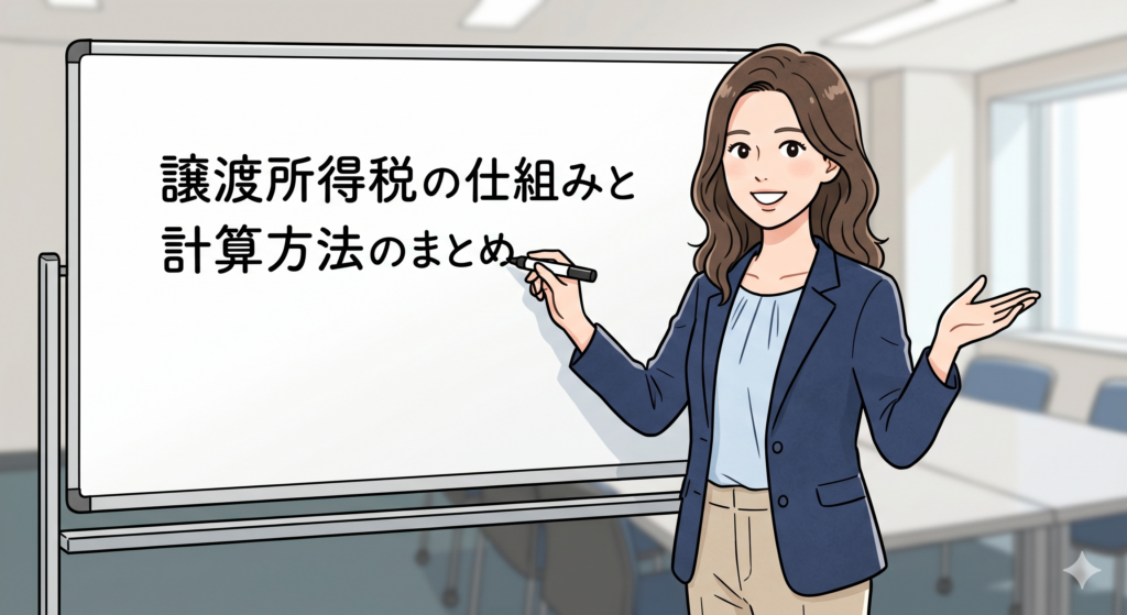 譲渡所得税の仕組みと計算方法のまとめについて伝える女性ファイナンシャルプランナー