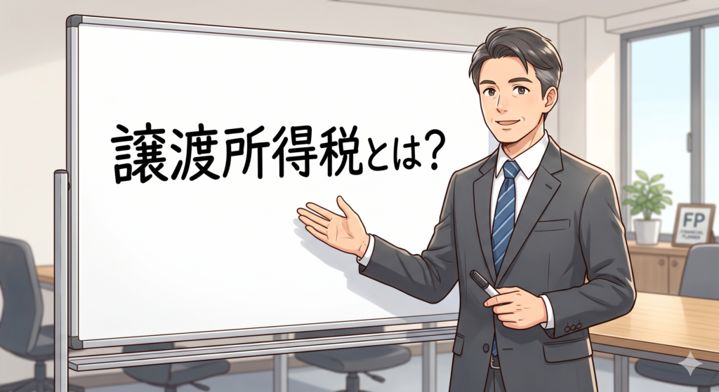 譲渡所得税とは何なのかを説明しようとしている男性ファイナンシャルプランナー