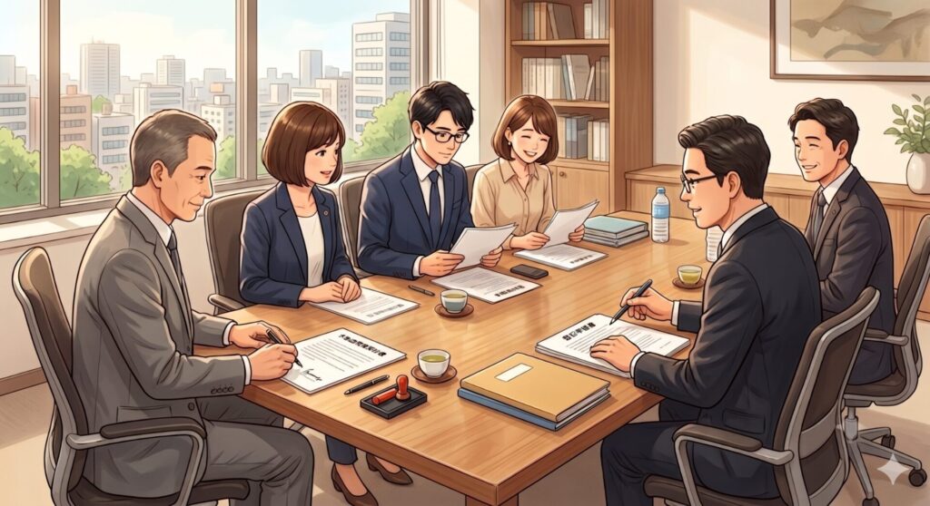 不動産売買取引の決済日に売主・買主等の取引関係者が一堂に会している様子