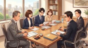 不動産売買取引の決済日に売主・買主等の取引関係者が一堂に会している様子