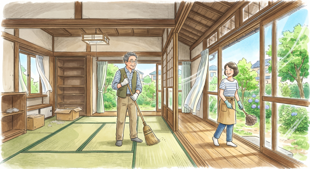売却予定の空き家の換気を行っている売主さんご夫婦