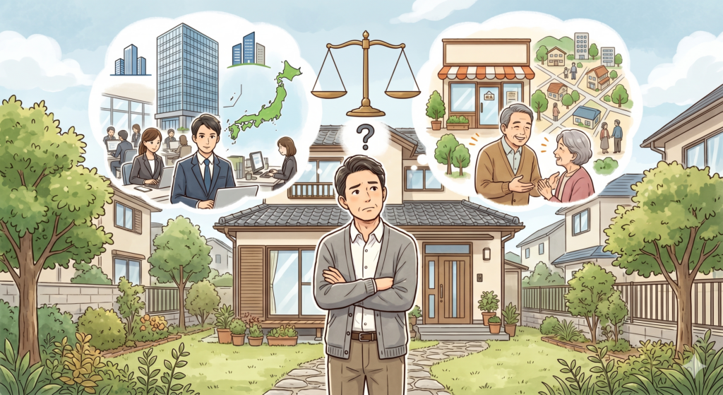 不動産の売却は大手の不動産屋と地場の小さな不動産屋のどちらに任せる方がいいのだろうかと思案する売主さん