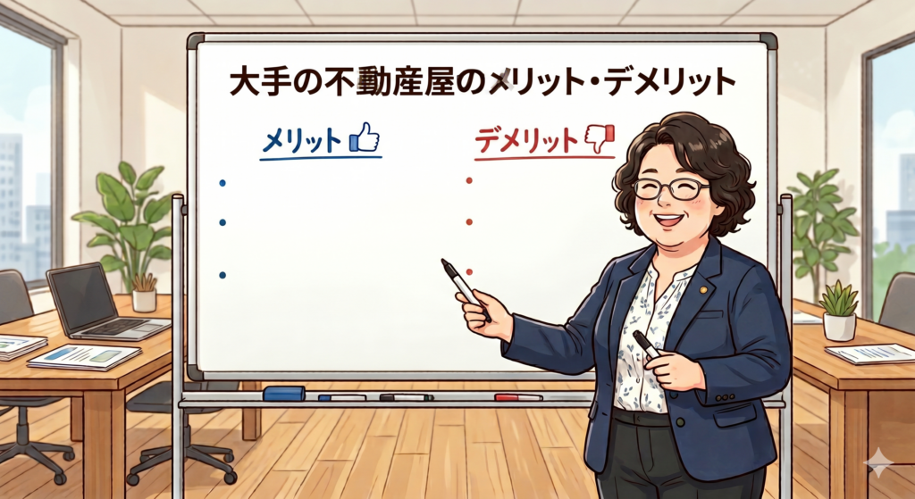 大手の不動産屋のメリットとデメリットを共に考え正当な評価をしようとする女性 FP
