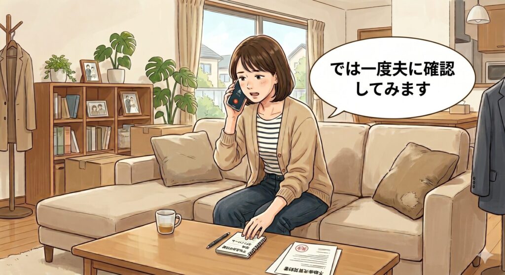 営業マンからの電話に「一度夫に確認してみます」と返答している売主さん