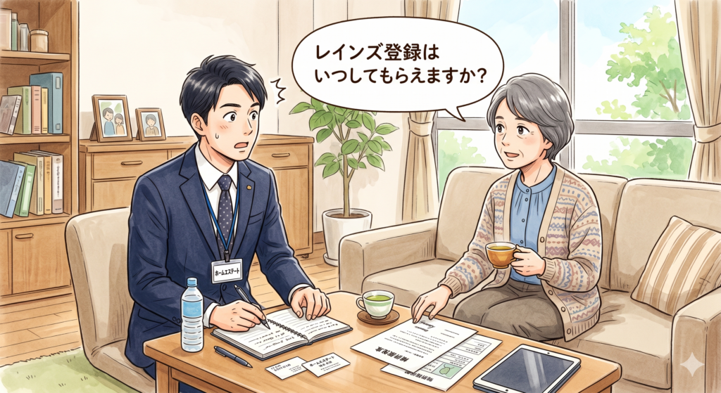 売主からの「レインズ登録はいつしてもらえますか?」という発言にしばらく囲い込みをする気だったがために少し動揺している不動産屋の営業マン