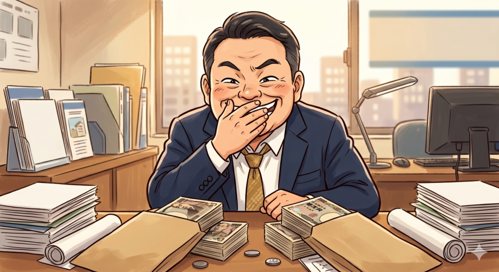 囲い込みの結果、両手仲介となり笑いが止まらない不動産屋の営業マン