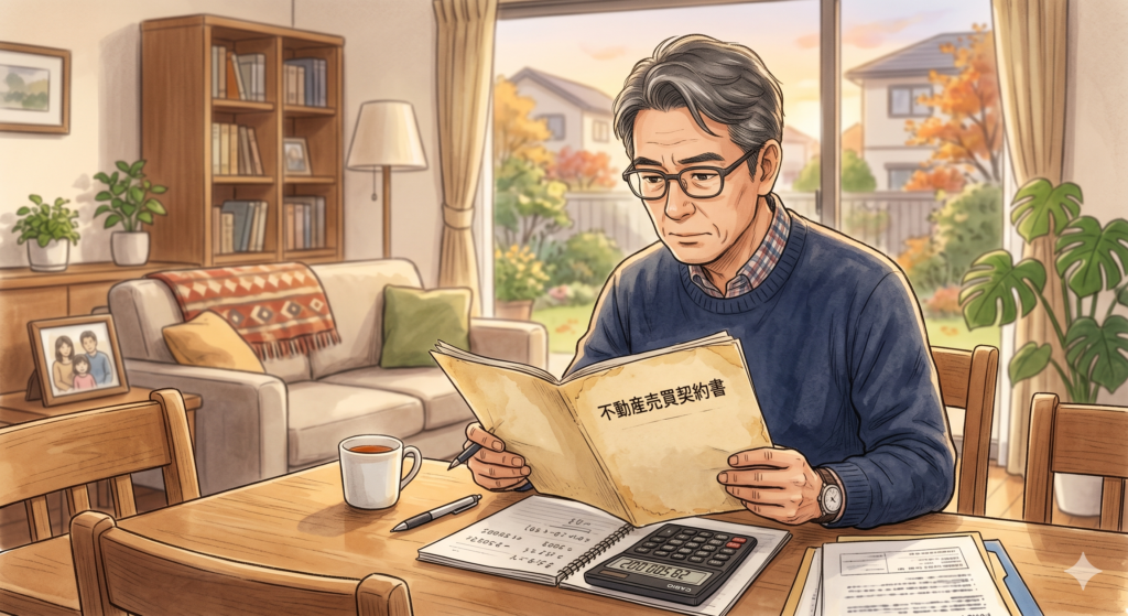 不動産の取得費を調べるために不動産売買契約書を確認する売主さん