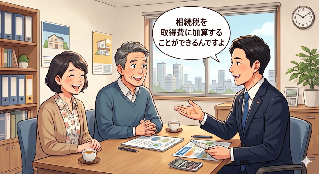 相続した不動産を売却する際の相続税の取得費加算について説明する不動産屋の営業マン