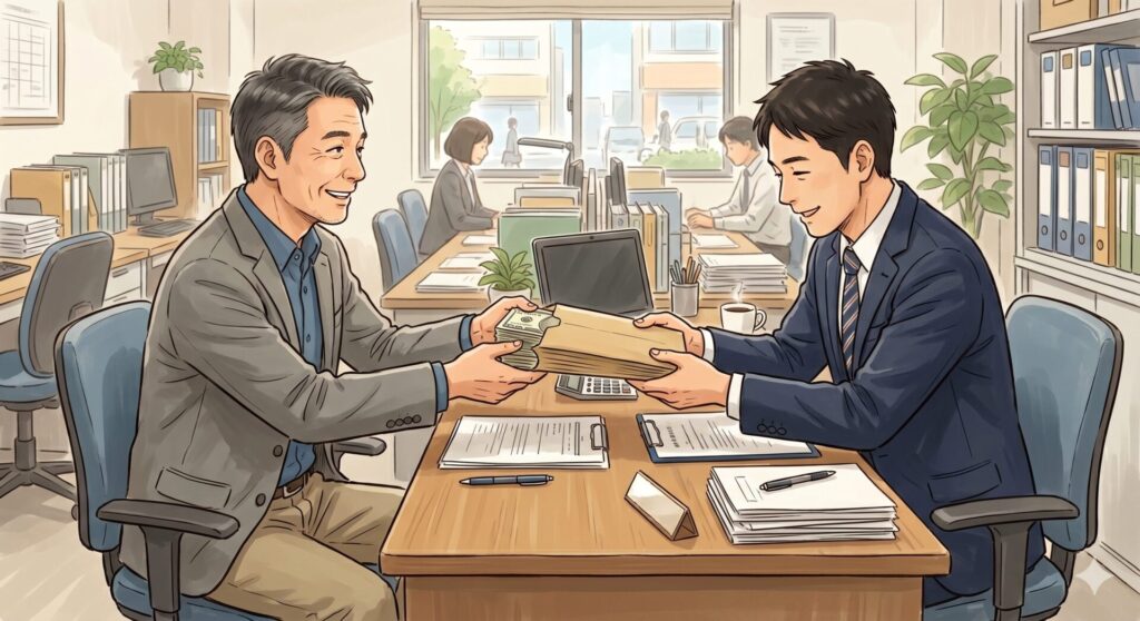 不動産屋の営業マンに仲介手数料を支払う売主さん