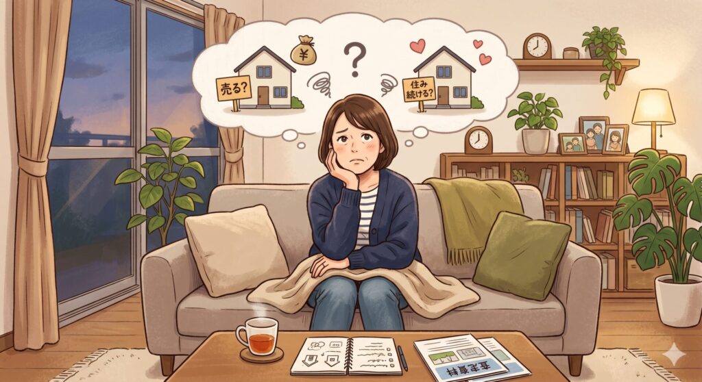 離婚時、自宅を売るべきか、それとも住み続けるべきか悩む女性