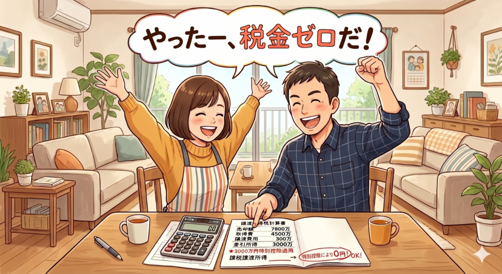 3000万円特別控除を適用した結果、不動産の譲渡所得についての税金が0円になり喜ぶ売主さんご夫婦